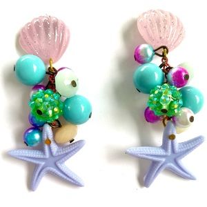 Starfish purple dangle shell earring beaded dangle light pastel crystal bling